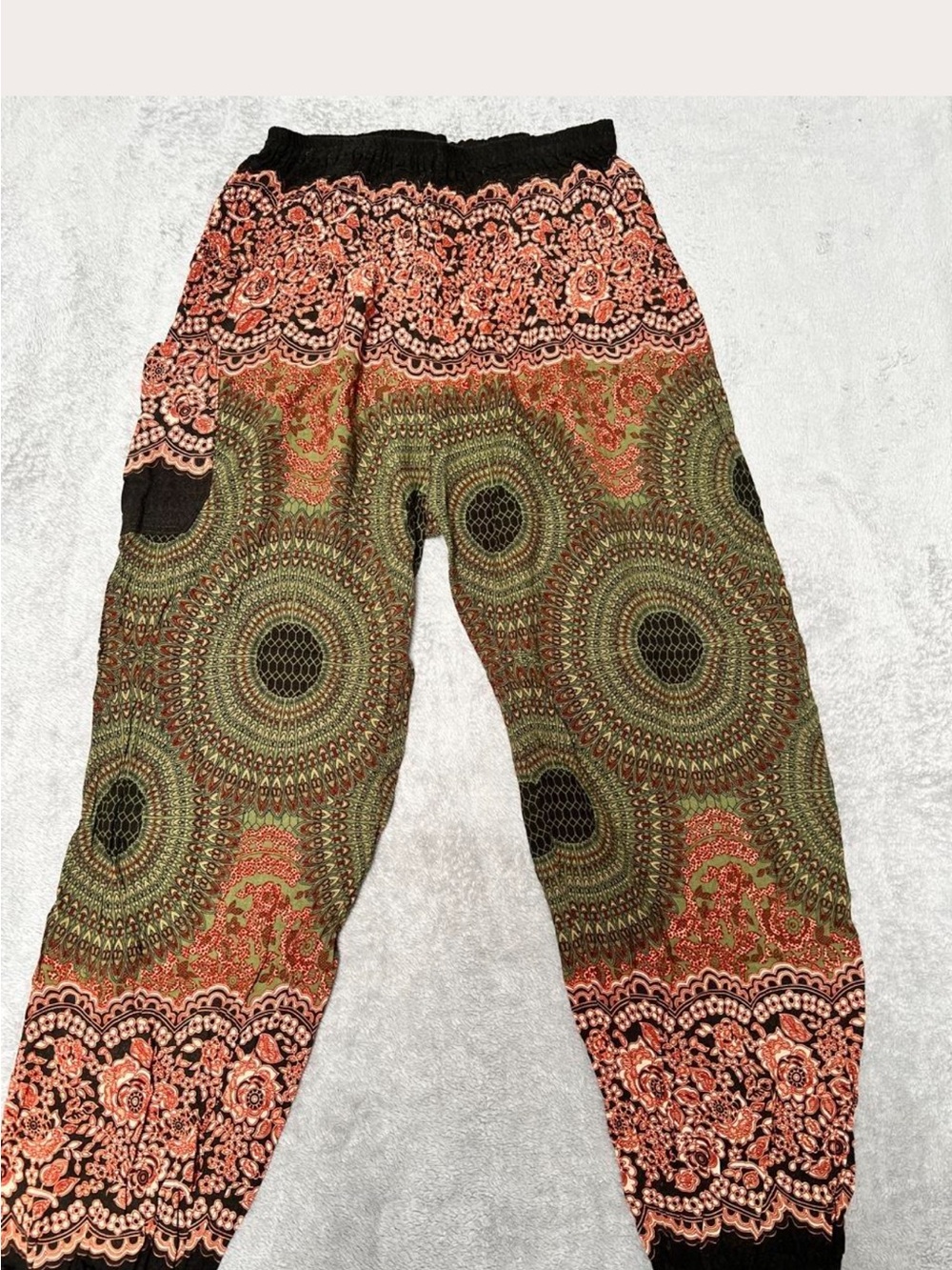 Boho Printed Elastic Waist Harem Pants - Olive & Coral